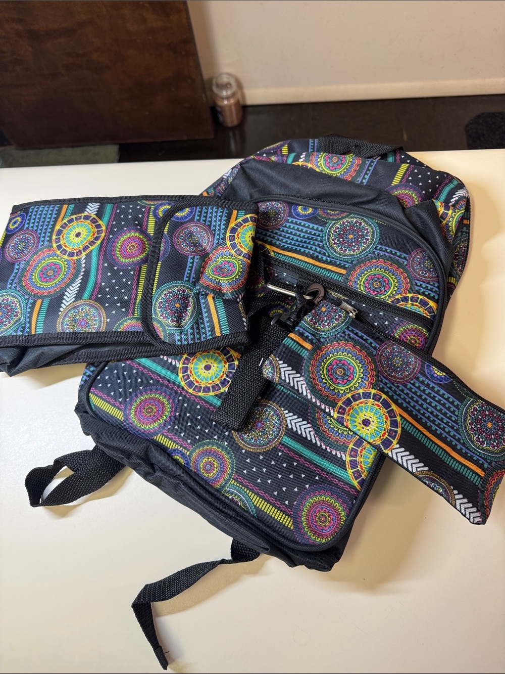 Multicolor Patterned Backpack Set - Black Base